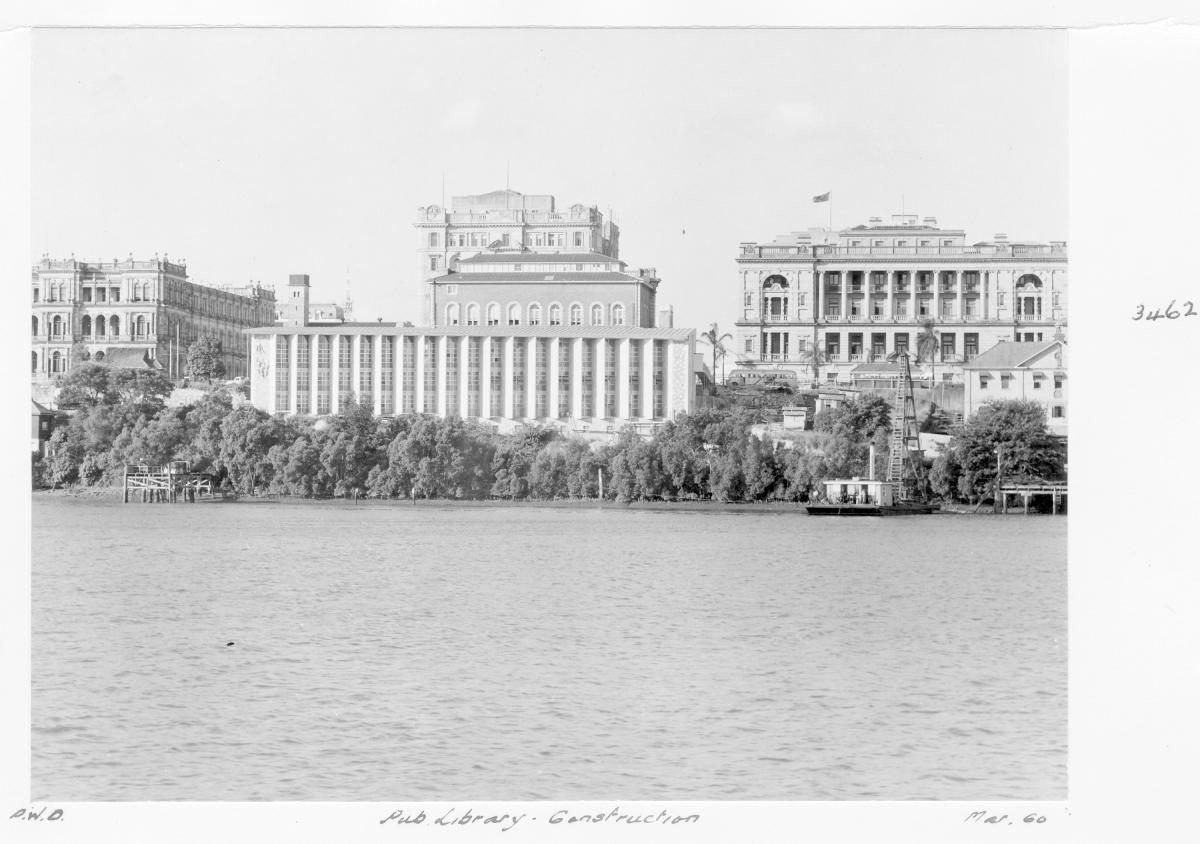 Construction of extensions to the State Library of Queensland on William St - Brisbane, March 1960, Brisbane City