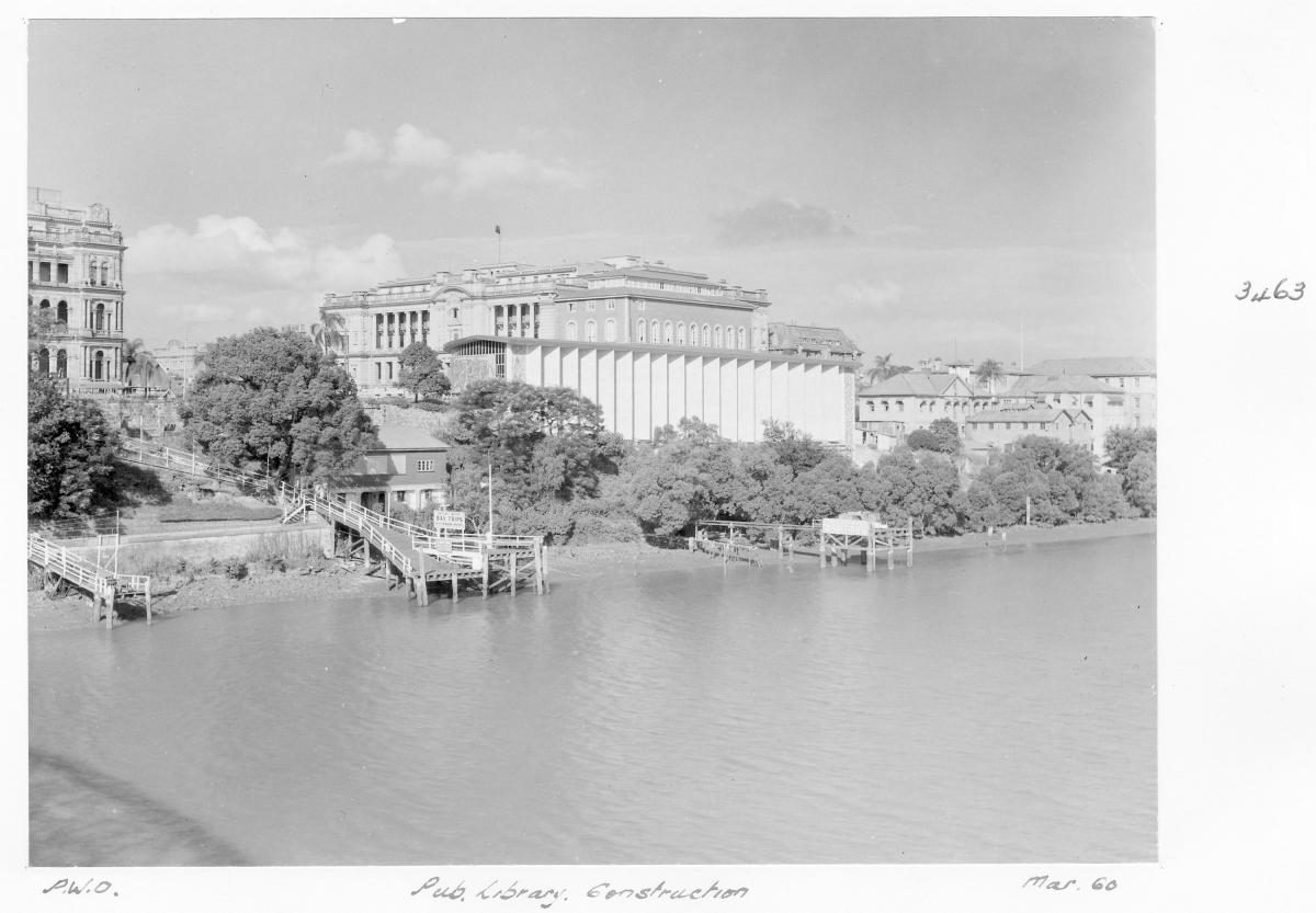 Construction of extensions to the State Library of Queensland on William St - Brisbane, March 1960, Brisbane City