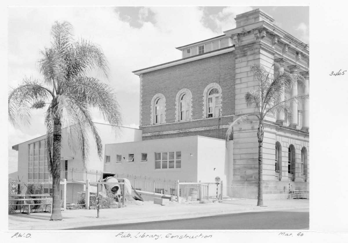 Construction of extensions to the State Library of Queensland on William St - Brisbane, March 1960, Brisbane City