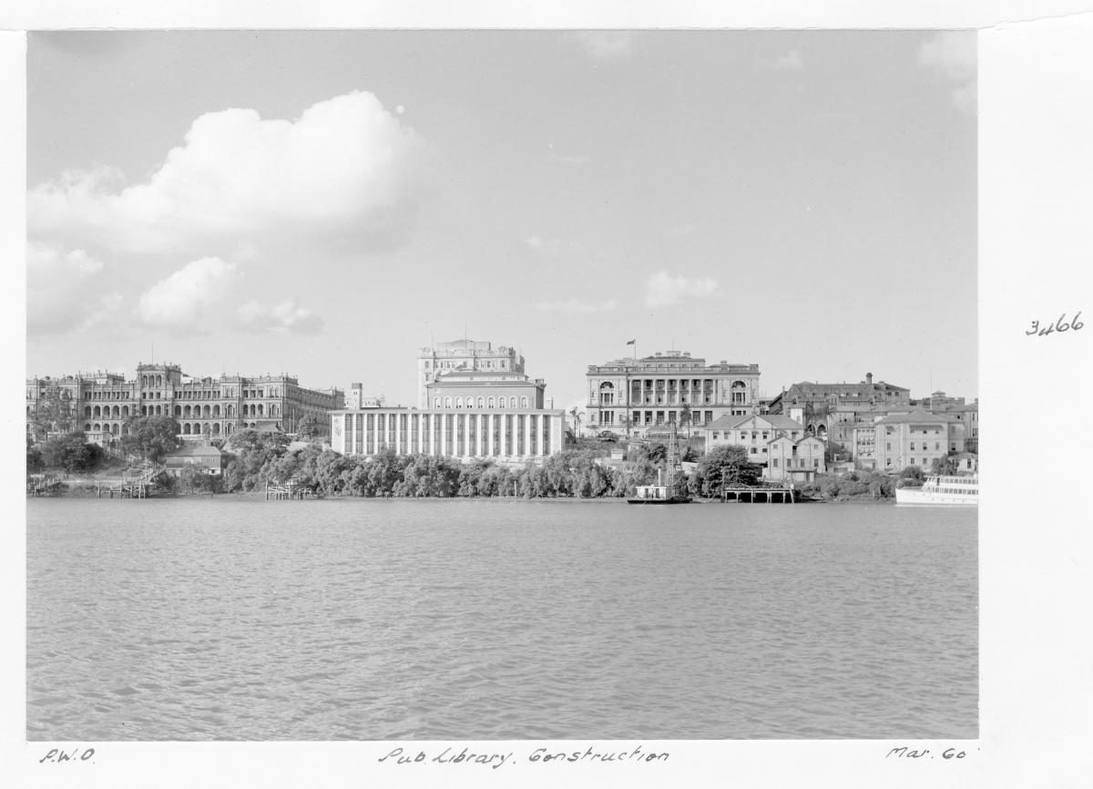 Construction of extensions to the State Library of Queensland on William St - Brisbane, March 1960, Brisbane City