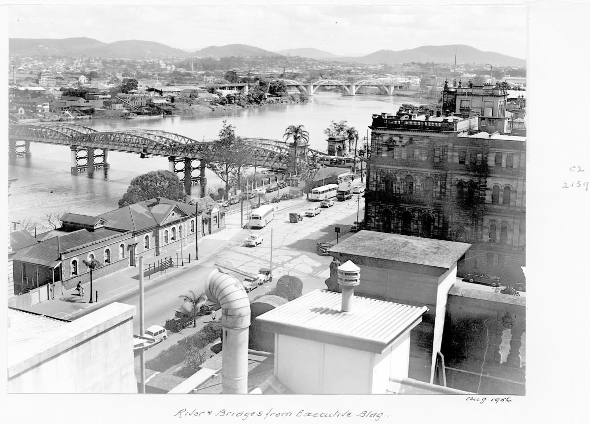 Brisbane River and bridges, view from Executive Building - Brisbane, August 1956, Brisbane City