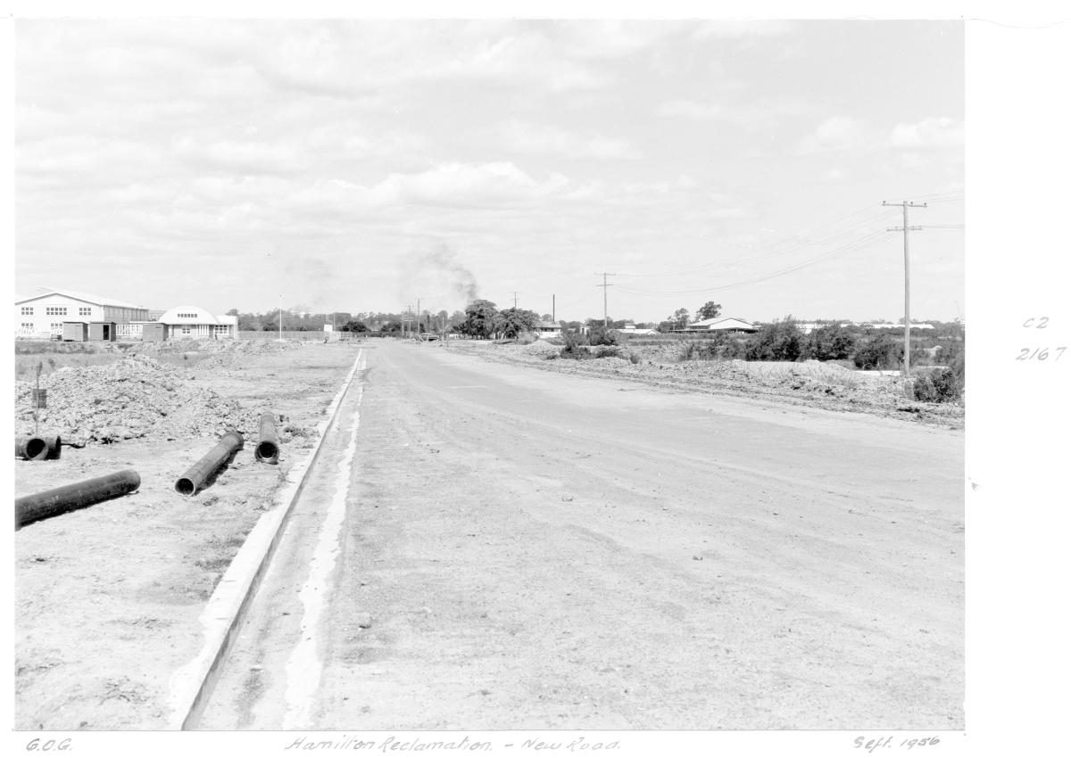 Hamilton Reclamation, new road - Brisbane, September 1956