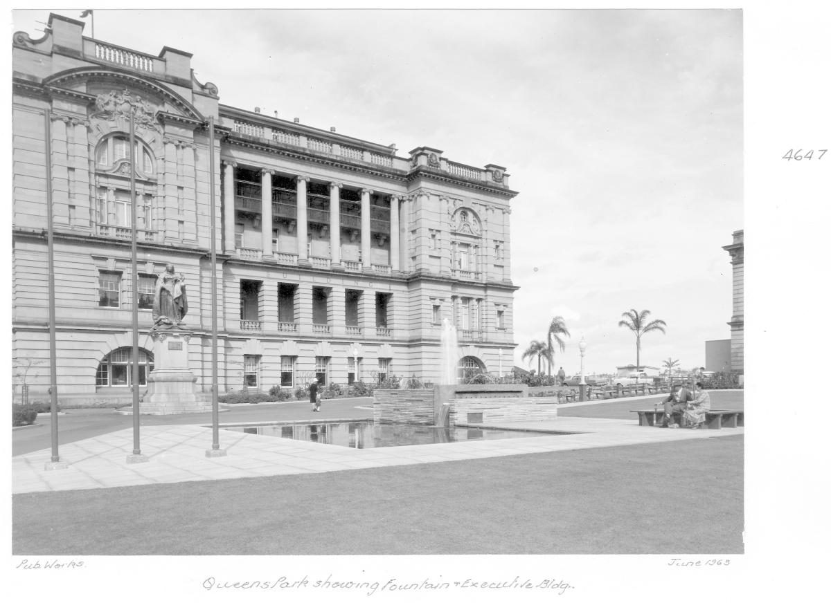 Queen's Park fountain and Executive Building, Brisbane, June 1963, Brisbane City