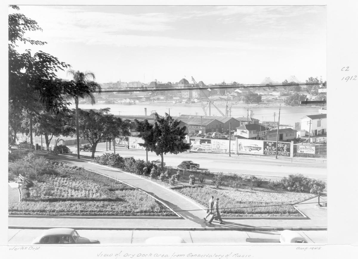 View of the Brisbane River dry dock area from the Music Conservatorium - South Brisbane, August 1955