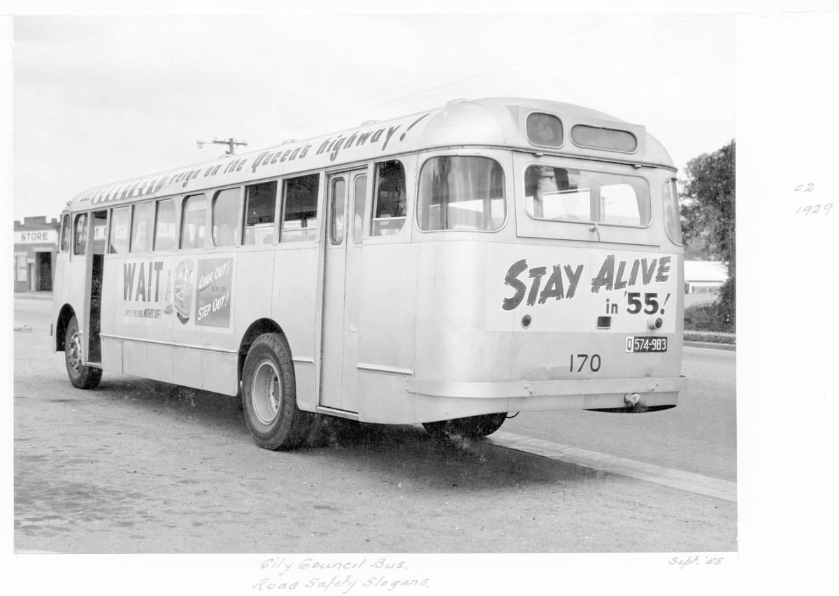 Brisbane City Council bus with road safety slogans - Brisbane, September 1955