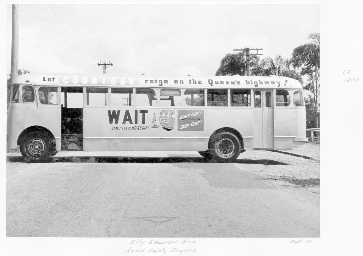 Brisbane City Council bus with road safety slogans - Brisbane, September 1955
