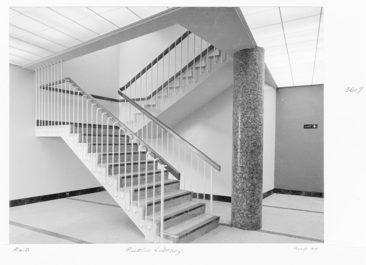 State Library of Queensland interior stairs, William St - Brisbane, August 1960, Brisbane City