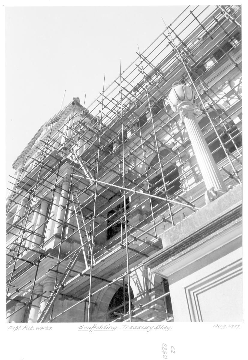 Treasury Building with scaffolding, Brisbane, August 1957, Brisbane City