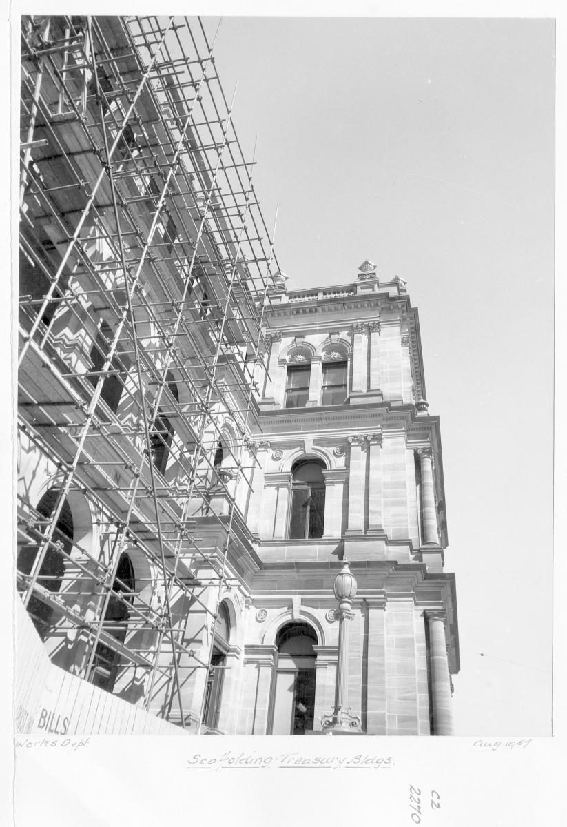 Treasury Building with scaffolding, Brisbane, August 1957, Brisbane City