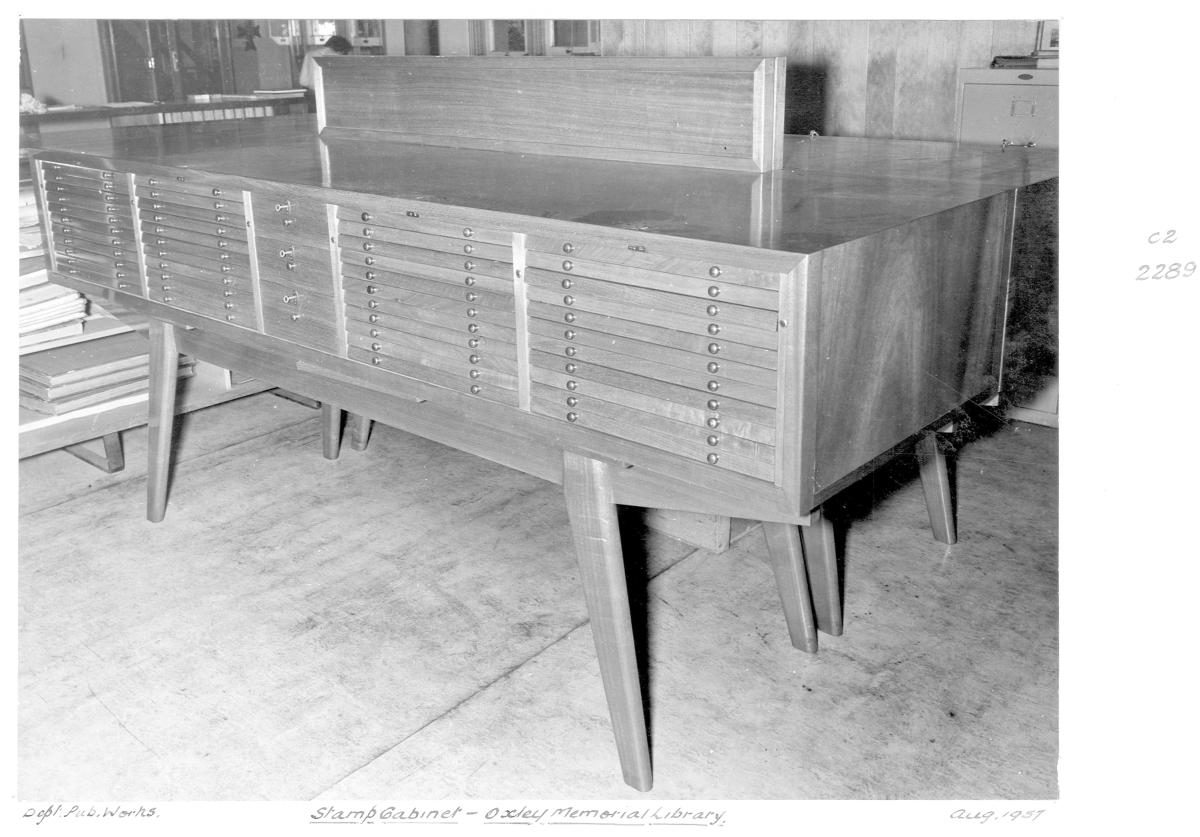 Stamp cabinet at the Oxley Memorial Library, Brisbane, August 1957
