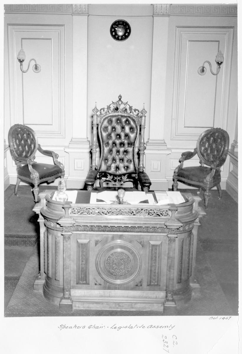 Speaker's chair, Legislative Assembly, Parliament House, Brisbane, October 1957, Brisbane City
