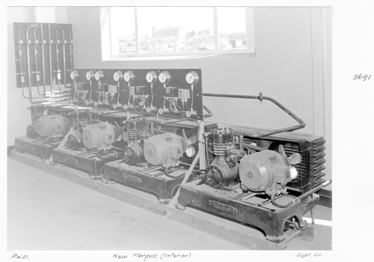 Refrigeration equipment at the new Institute of Forensic Pathology/Morgue building, Coopers Plains - Brisbane, September 1960