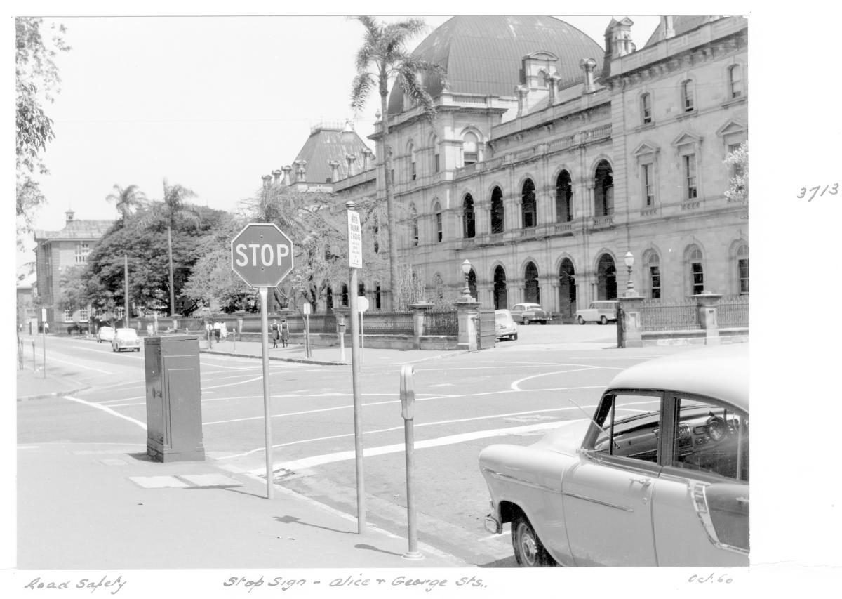 Stop sign at the corner of Alice and George Sts, opposite Parliament House - Brisbane, October 1960