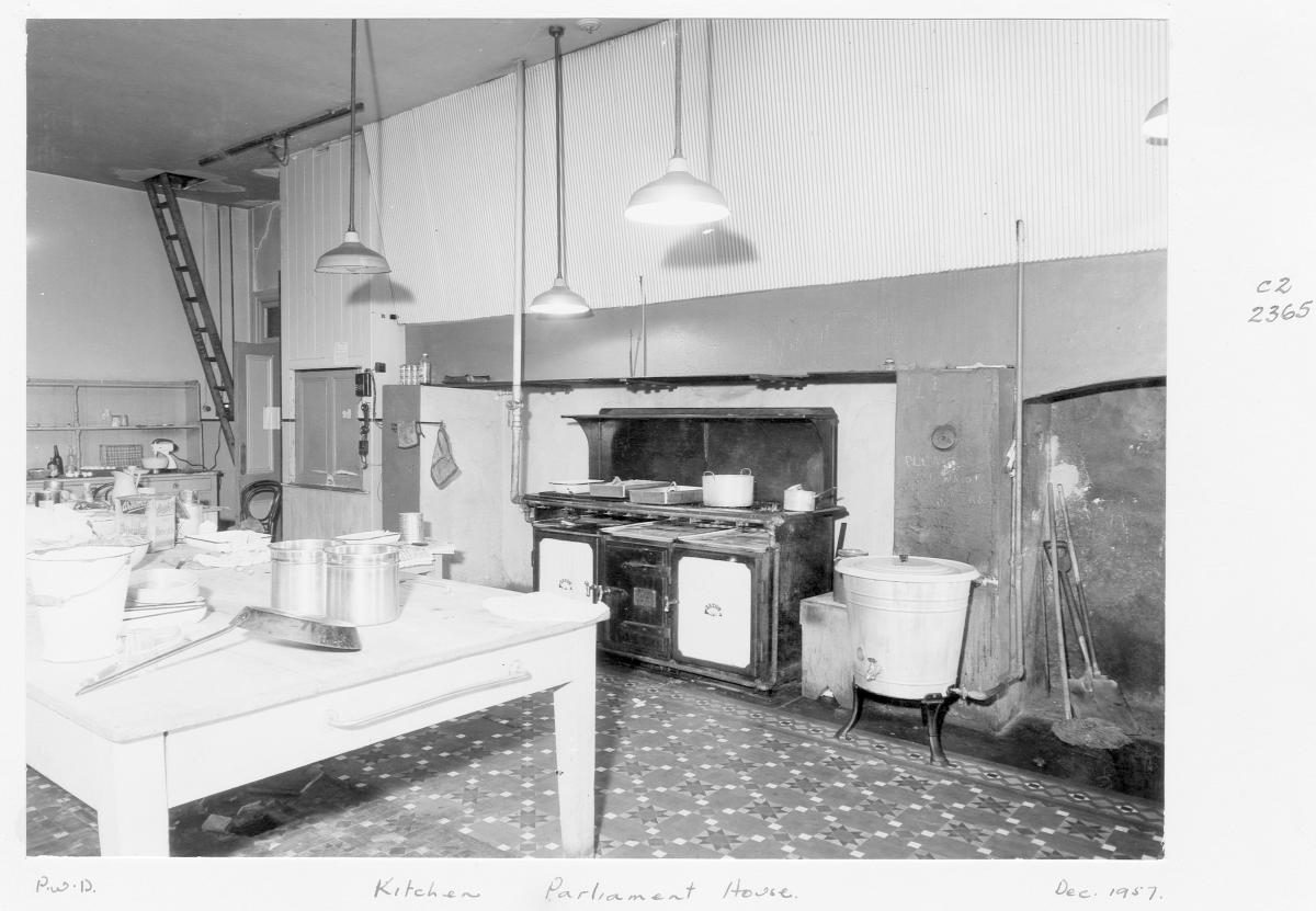 Kitchen in Parliament House, Brisbane, December 1957, Brisbane City
