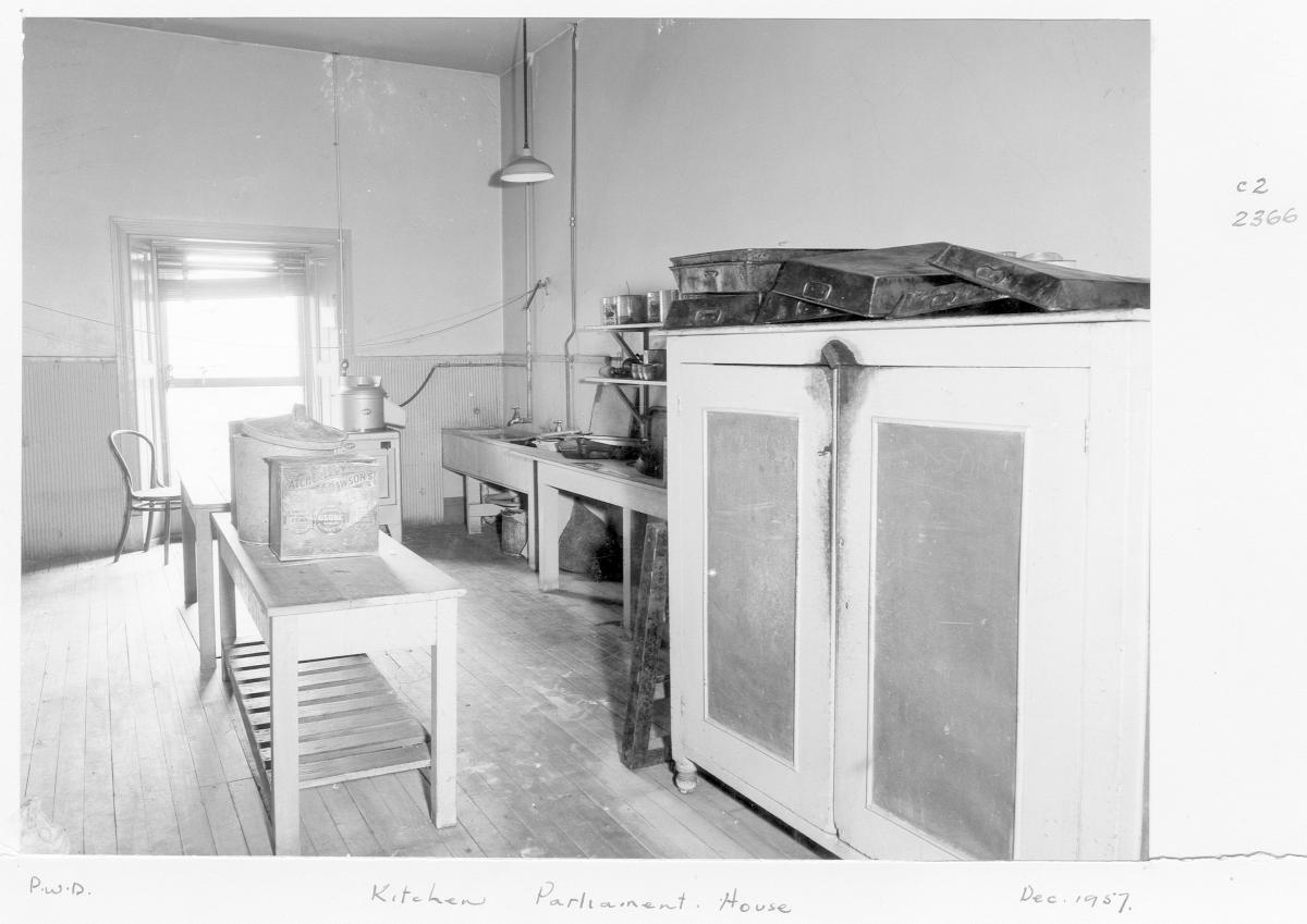 Kitchen in Parliament House, Brisbane, December 1957, Brisbane City