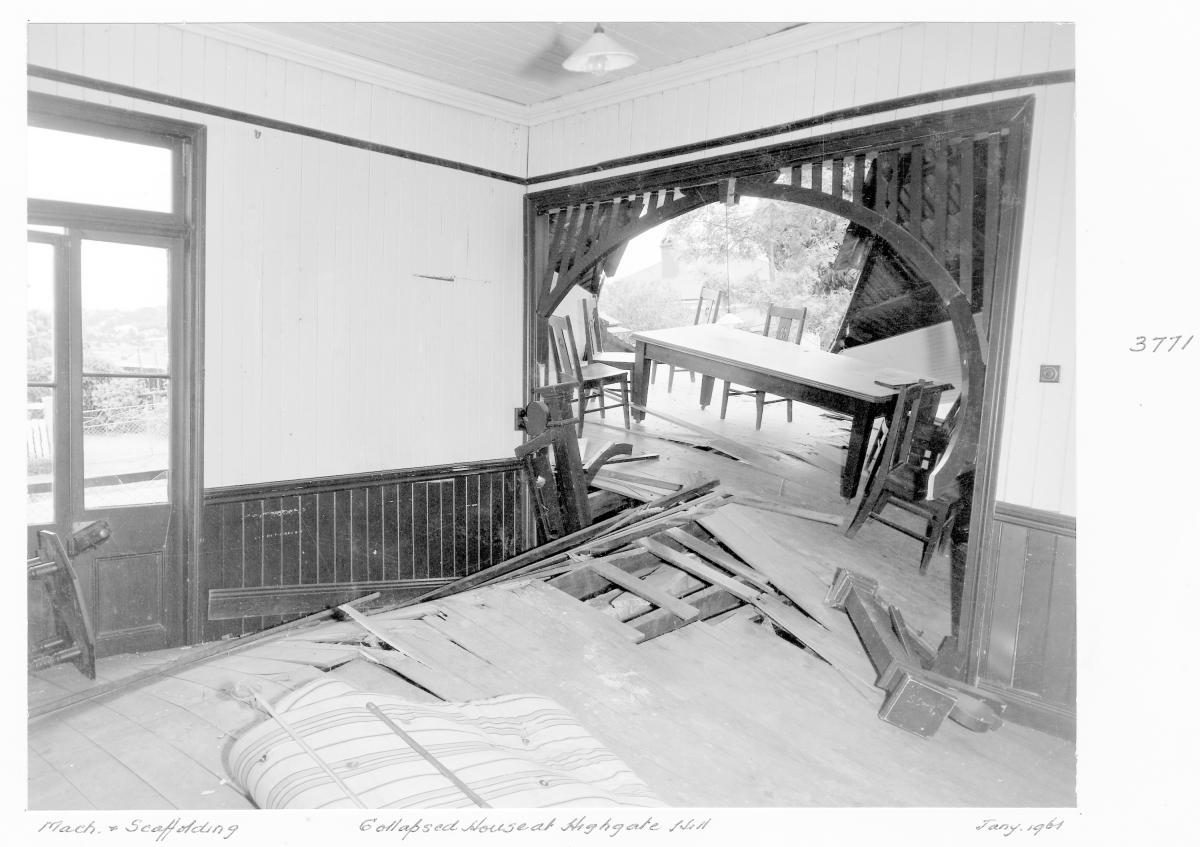 Interior of collapsed house at Highgate Hill - Brisbane, January 1961