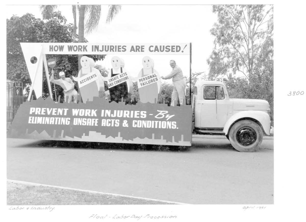 Labour Day procession, prevention of work injuries float - Brisbane, April 1961