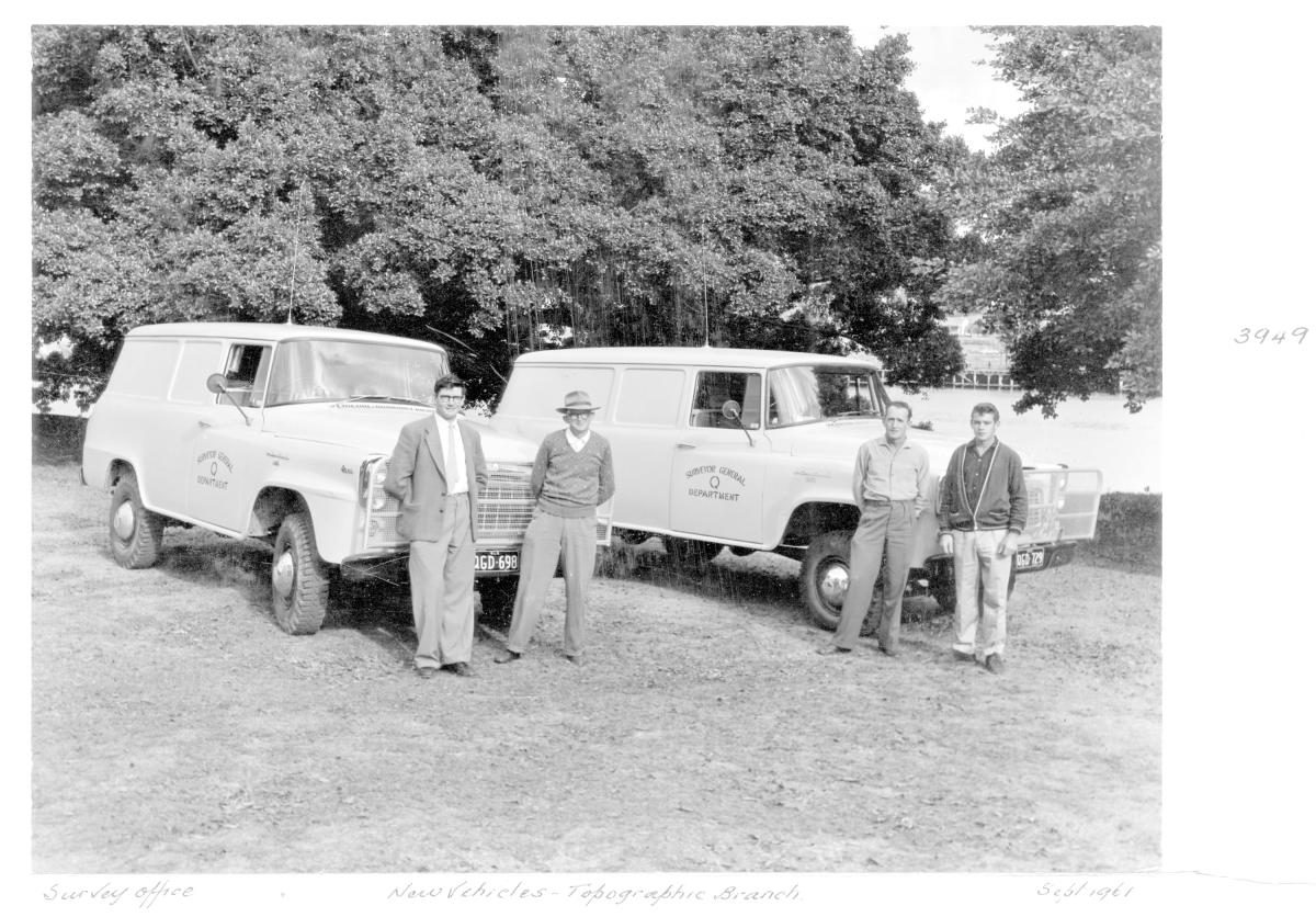 Staff and new vehicles for the Survey Office Topographic Branch - Brisbane, September 1961