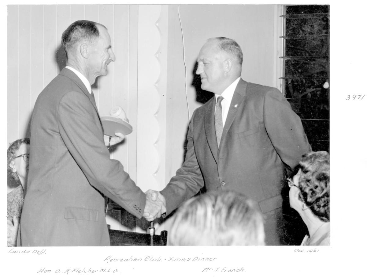 Lands Department Recreation Club Christmas Dinner, The Hon R Fletcher MLA and Mr J French - Brisbane, December 1961