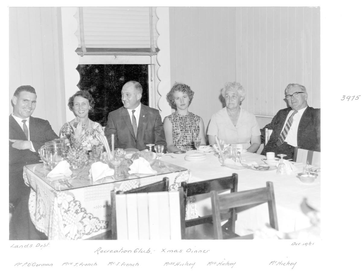 Lands Department Recreation Club Christmas Dinner, Mr P O'Gorman, Mrs and Mr J French, Miss Hickey, Mrs and Mr Hickey - Brisbane, December 1961