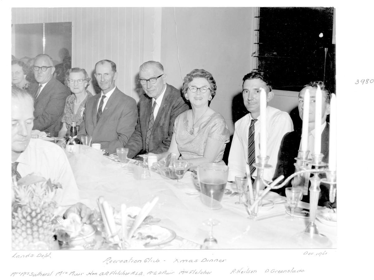 Lands Department Recreation Club Christmas Dinner, Mr and Mrs Sutherst, Mrs Muir, The Hon A R Fletcher MLA, Mr E D Muir, Mrs Fletcher, Mr R Neilson, Mr D Greenslade - Brisbane, December 1961