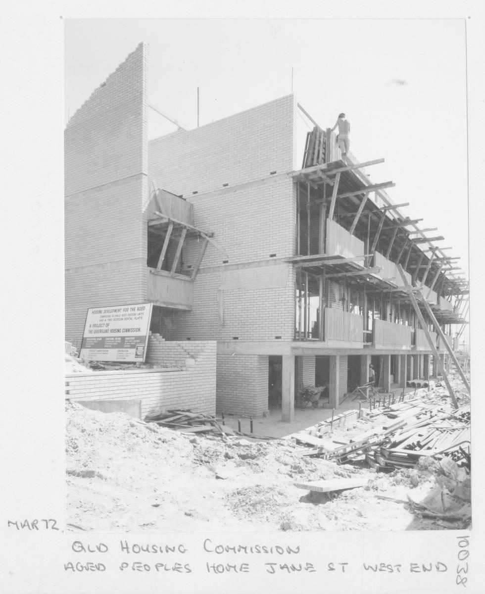 Construction of Queensland Housing Commission aged people's home complex on Jane St at West End - Brisbane, March 1972