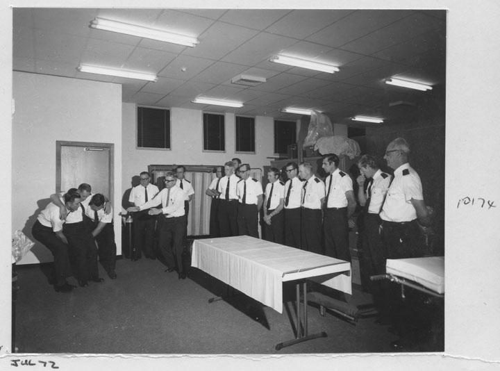 Meeting and demonstration of the Queensland Ambulance Transport Service (QATB) for the Royal National Agricultural (RNA) Show exhibit - Brisbane, July 1972, Bowen Hills