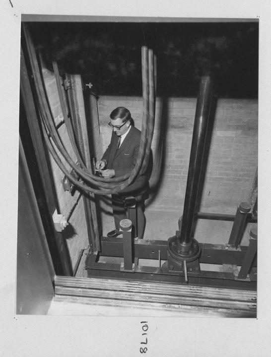 State General Insurance Office (SGIO) building - Speed checking of a gearless lift in the machine room - Brisbane, July 1972
