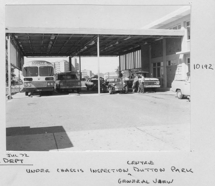General view of under chassis inspection of vehicles at Inspection Centre in Dutton Park - Brisbane, July 1972