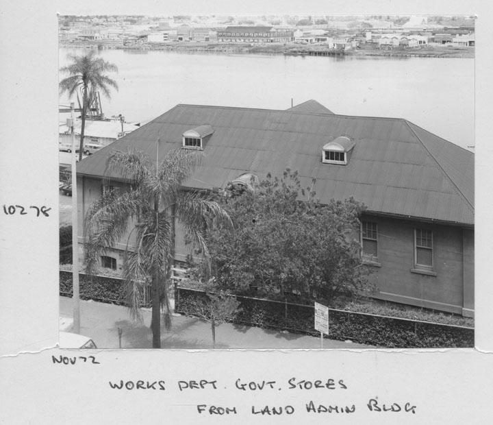 Old Government Stores building , viewed from the Land Administration block - Brisbane, November 1972, Brisbane City