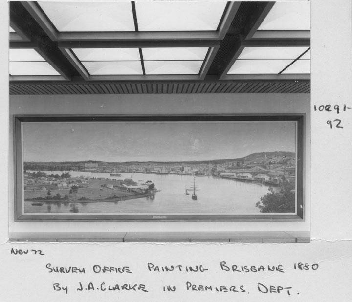 1880s Survey Office painting of the Brisbane River by J A Clarke displayed in the Premier's Department - Brisbane, November 1972