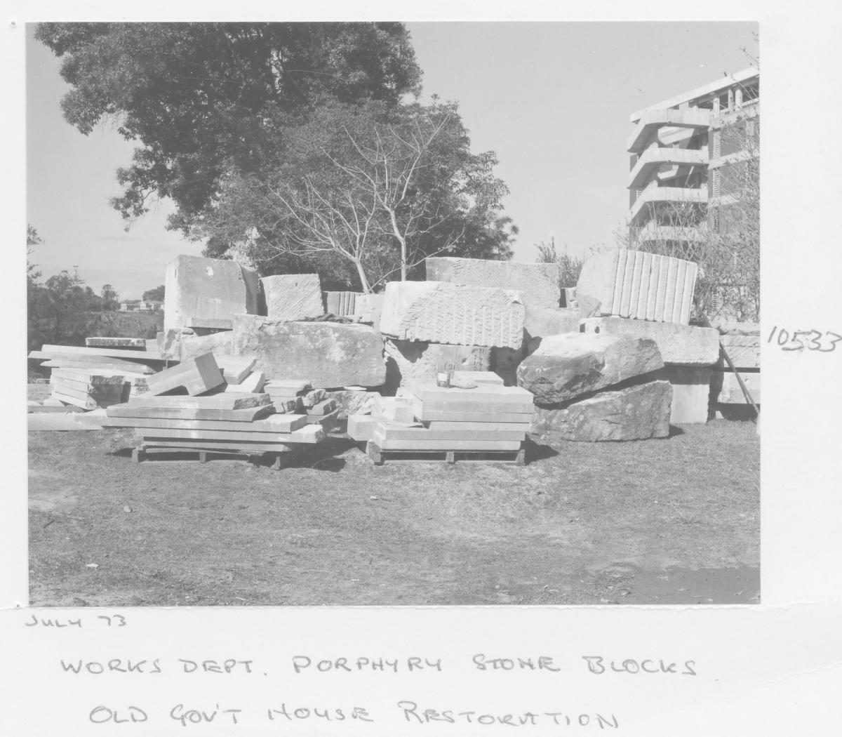 Porphyry stone blocks used in the Queensland Government House restoration - Brisbane, June 1973, Bardon