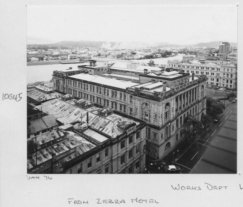 View of the Works Department Land Administration Building, from the Zebra Motel - Brisbane, January 1974, Brisbane City
