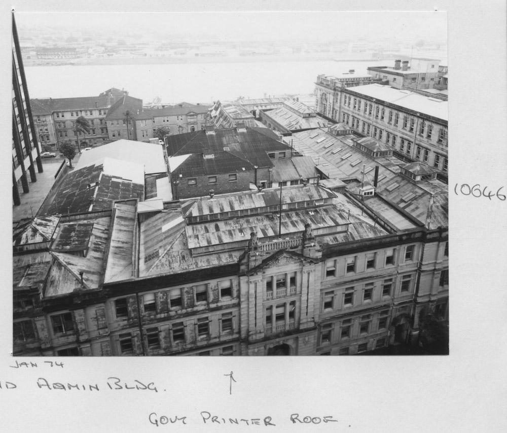 View of the roof of the Government Printer Building, with the Brisbane River in the background - Brisbane, January 1974