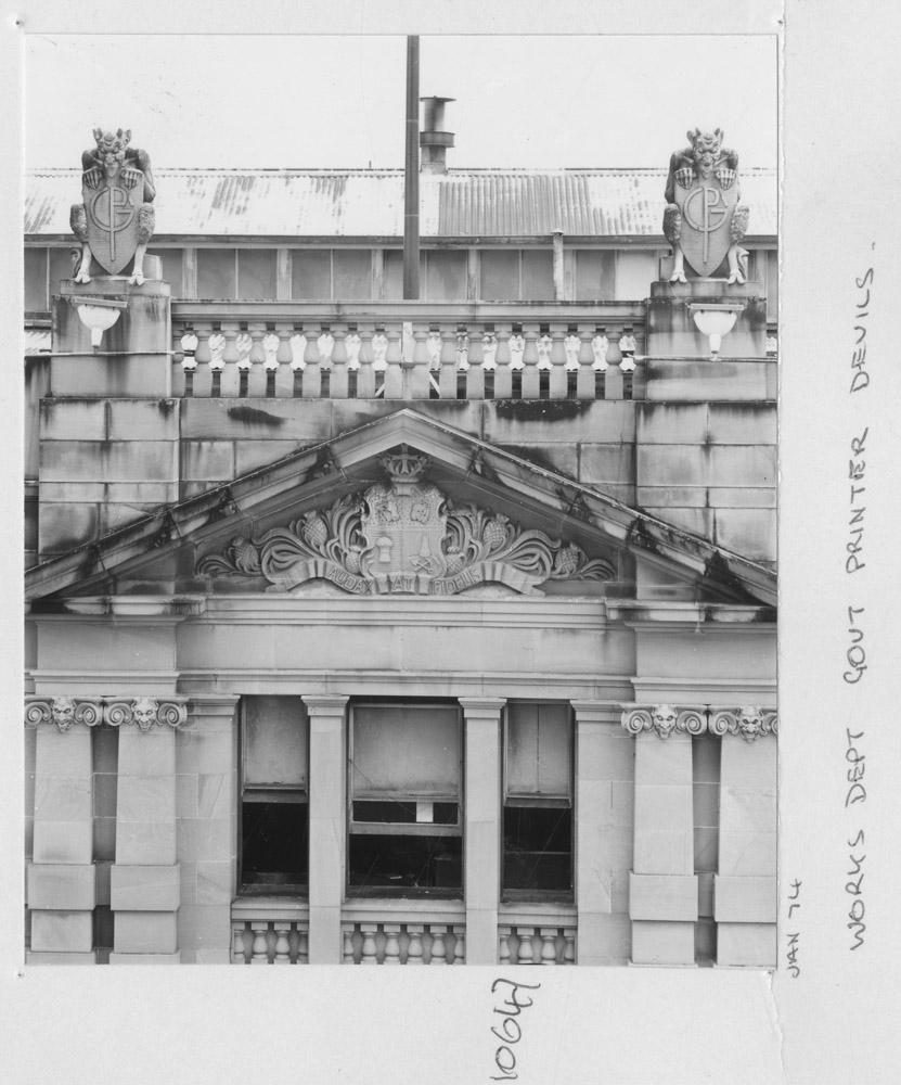 Devils/gargoyles on the Works Department's Government Printer building - Brisbane, January 1974