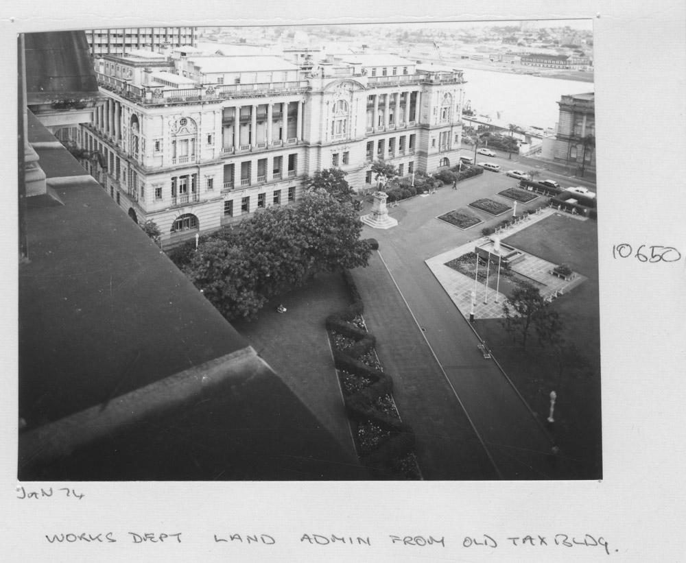 View of the Works Department Lands Administration building, from the old Taxation building roof - Brisbane, January 1974, Brisbane City
