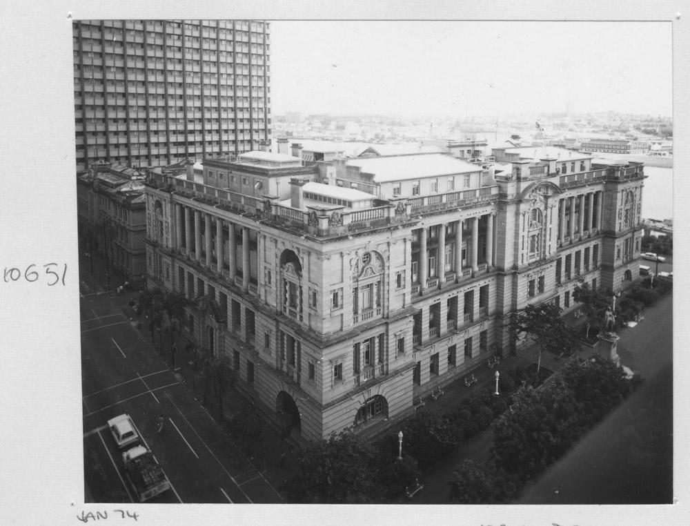 Corner view of the Works Department Lands Administration building, from the old Taxation building roof - Brisbane, January 1974, Brisbane City