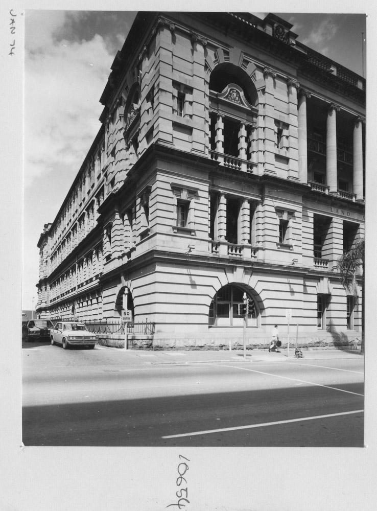 Corner view of the Works Department Lands Administration building, from Stephen's Lane - Brisbane, January 1974, Brisbane City