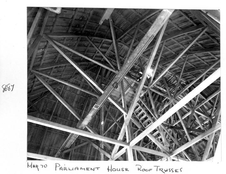 Roof trusses, Parliament House, Brisbane, March 1970, Brisbane City