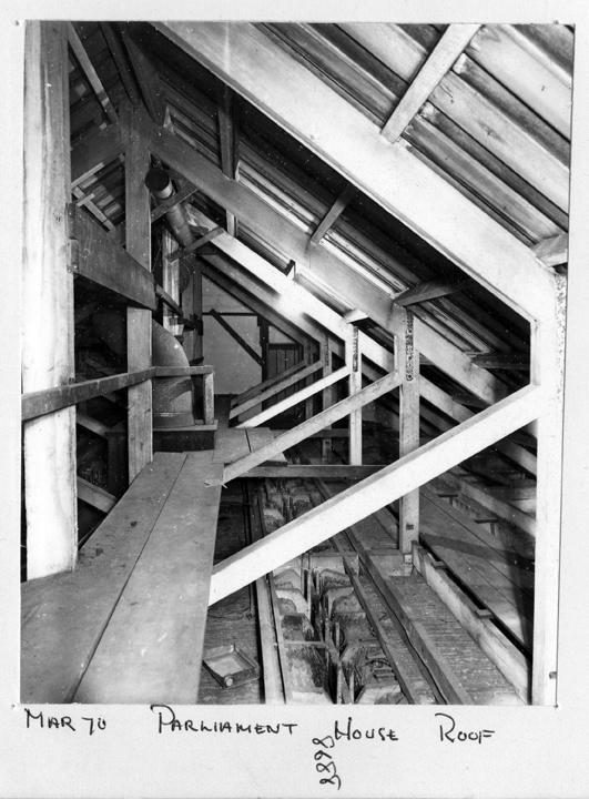 Roof trusses, Parliament House, Brisbane, March 1970, Brisbane City