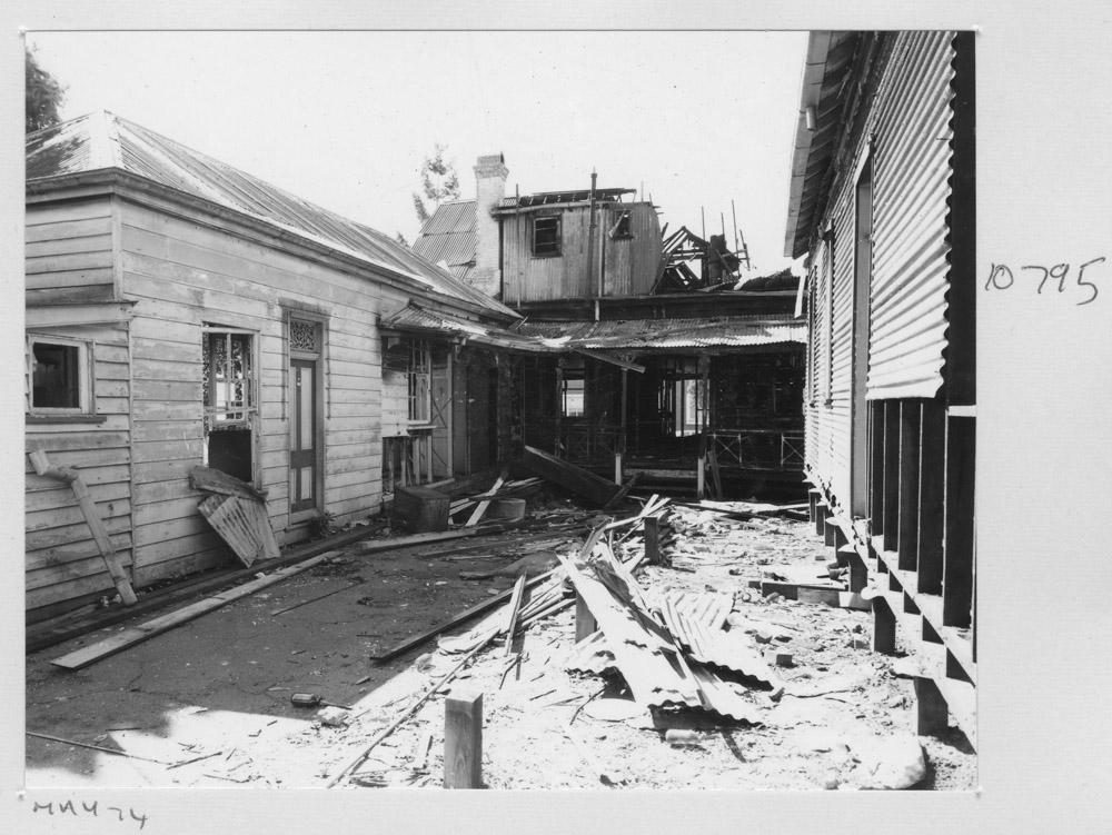 Inside courtyard of the burnt out Salvation Army (Salvos) building at South Brisbane - May 1974