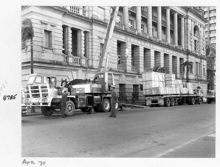 Camera components being unloaded at William Street entrance, Brisbane, April 1970, Brisbane City