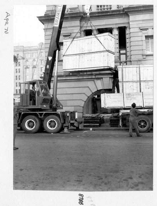 Camera components being unloaded at William Street entrance, Brisbane, April 1970, Brisbane City