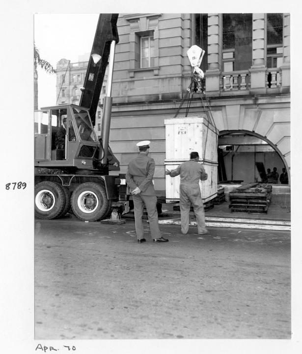 Camera components being unloaded at William Street entrance, Brisbane, April 1970, Brisbane City