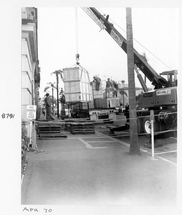 Camera components being unloaded at William Street entrance, Brisbane, April 1970, Brisbane City