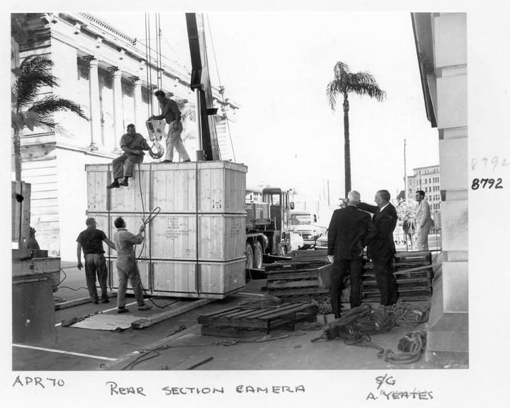 Rear section camera components being unloaded at William Street entrance, Brisbane, April 1970, Brisbane City