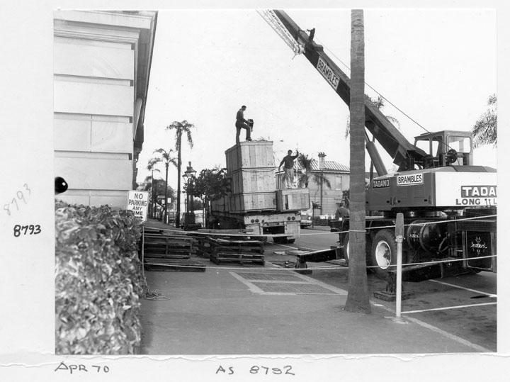 Camera components being unloaded at William Street entrance, Brisbane, April 1970, Brisbane City