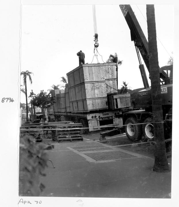 Camera components being unloaded at William Street entrance, Brisbane, April 1970, Brisbane City