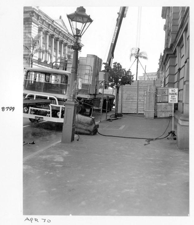 Camera rear section being unloaded, William Street, Brisbane, April 1970, Brisbane City