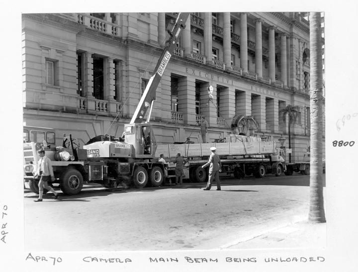 Camera main beam being unloaded, William Street, Brisbane, April 1970, Brisbane City